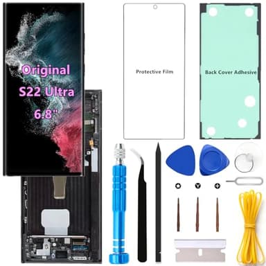 Original 6.8" AMOLED 120Hz S22 Ultra Screen Replacement OEM for Samsung Galaxy S22Ultra 5G SM-S908U SM-S908U1 Touch Display Screen Digitizer Assembly (Black Frame+Protector+Adhesive+Tools)