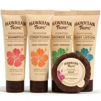Hawaiian Tropic Silky Coconut Bulk Amenities (150 Pack) - Complete Travel Size Toiletries Kit with Shampoo, Conditioner, Body Wash, Lotion & Soap, Airbnb Essentials for Hosts, Hotels & Guest Bathrooms