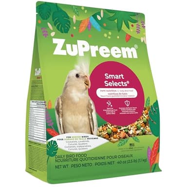ZuPreem Smart Selects Pellets & Seed Blend, Daily Food for Cockatiel, Lovebird, Quaker, Conure, Lorikeet, Core Nutrition Food for Medium Birds, Essential Vitamins, Conure Feed (M, 2.5 lbs)