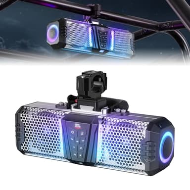 KEMIMOTO Midnight S40B 16-inch UTV Sound Bar Built-in Battery, Quick Release, Waterproof IP66, Multicolor Lights Metal-Built Soundbar for UTV ATV Golf Cart Boat Fits 1"-2" Roll Bar