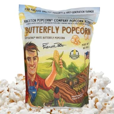 Princeton Popcorn White Butterfly Hulless Popcorn Kernels - Easy-Eating, Baby Small Tender Popping Corn, Non-GMO Popcorn Kernels, No Hulls, No Roundup, Direct from Farmer, Microwave Air Popper or Stovetop 8lb Bag