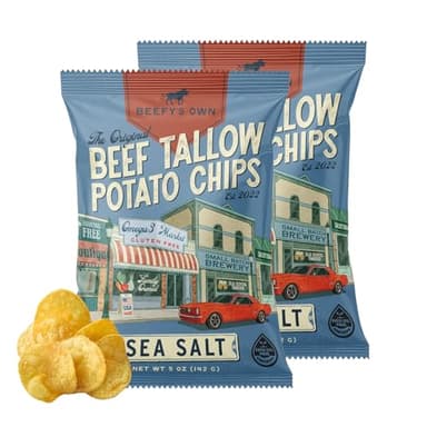 Beefy’s Own Beef Tallow Potato Chips - Kettle Chips Made Without Seed Oils, Gluten Free, Crispy, and Thick Cut - Old-Fashioned Small Batch Fried in Beef Tallow, Sea Salt (5 Oz, Pack of 2)