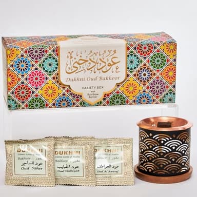 Oud Bakhoor Variety Box & Burner by Dukhni | Arabian Oudh Set with Candle Incense Burner | 20 pcs Arabic bukhoor Incense Bricks, 10 Mixed scents | Islamic, Eid & Ramadan Gifts | Home Fragrance