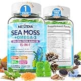 Sea Moss Gummies + Omega-3 for Adult with Ashwagandha, Turmeric, Elderberry, Vitamins D3, B12, Burdock Root & Bladderwrack, Vegan Irish Sea Moss for Immunty, Brain, Energy Boost, Skin Health, 60Cts