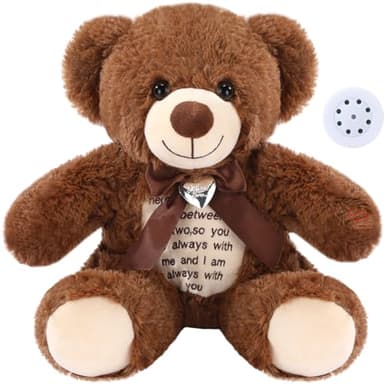 Silipull 12 Inch Bear Stuffed Animals with Voice Recorder Photo Pendant Set 30 Seconds Voice Sound Recorder Module Soft Plush Remembrance Bear with Zipper Memorial Gifts for Boys Girls(Dark Brown)
