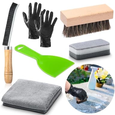 Hahafelt 7 Pcs Headstone Cleaner Kit for Grave Cleaning Granite and Stone Daily Cleaner Includes Towel Bristle Crevice Brush Scrub Brush Headstone Cleaning Sponge Disposable Gloves Plastic Scraper