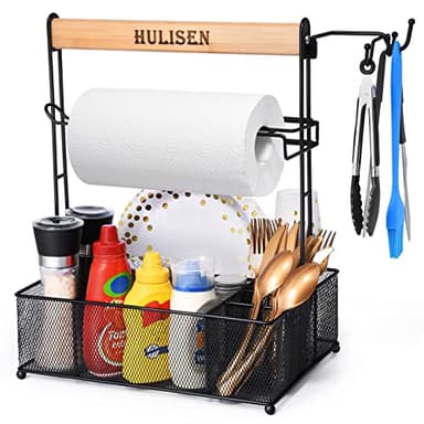 HULISEN Grill Caddy for Outdoor Grill, BBQ Caddy with Paper Towel Holder for Plates, Silverware, Utensils - Picnic & Barbeque & Camping Essentials Accessories for Tailgating, Camper, RV, Backyard