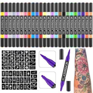 Ponhey Temporary Tattoo Markers for Skin, 24 Body Markers+67 Large Tattoo Stencils,Dual-End Tattoo Pens,Fine Lines with Cosmetic-Grade,Flexible, Skin-Safe Face Paint Kit for Teenage Adults