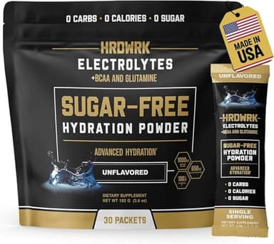 HRDWRK Electrolytes Powder Packets with Magnesium, Potassium Sodium, Keto Hydration Packets - BCAA Electrolyte Powder Packets with Glutamine, 30 Electrolytes Powder Packets Sugar Free (Unflavored)