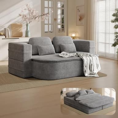 IZLKQC 75'' Folding Sleeper Sofa Bed, Convertible Memory Foam Boneless Couch, Foldable Full Size Guest Bed, Modern 2-in-1 Futon Floor Sleeper Sofa with 4 Pillows and Blanket (Corduroy, Gray)