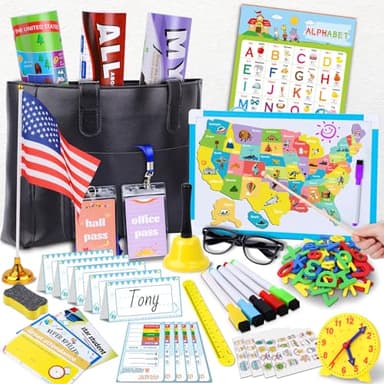 Gifts2U Pretend Play School Sets for Kids - With Teacher Bag, Whiteboard, Learning Clock, Educational Posters and Teaching Toy Supplies.