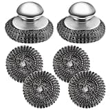 Ahardaim 2Pcs Stainless Steel Wool Scrubber with Handle, 4 Replacement Steel Scrubber Wool Pads，Stainless Steel Scrubber for Cleaning Cast Iron, Dishes, Kitchen Pots, Pans, Grills, Stoves, Sink