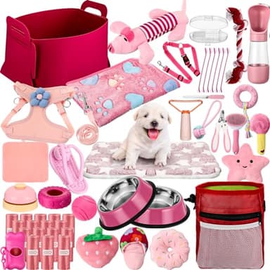 Abbylike 50 Pcs Puppy Supplies Starter Kit for Small Dogs Puppy Essentials Includes Leash, Bowls, Teeth Brushes, Water Bottle, and More Accessories for Dogs Pet Day Welcome Gift(Pink)