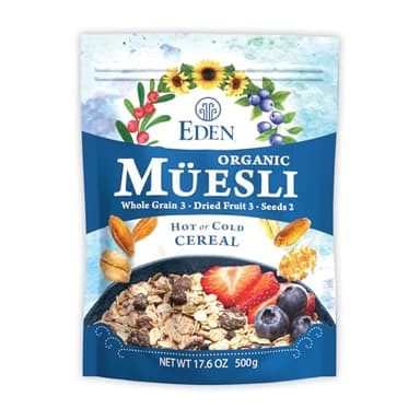 Eden Organic Muesli Cereal, Eat Hot or Cold, Oat, Rye, Wheat, and Spelt Flakes, Raisins, Cranberries, Wild Blueberries, Pumpkin and Sunflower Seeds, Overnight Oats, No Added Sugars, 17.6 oz