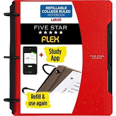 Five Star Flex Refillable Notebook + Study App, College Ruled Paper, 1 Inch TechLock Rings, Pockets, Tabs and Dividers, 200 Sheet Capacity, Color Will Vary (29328)