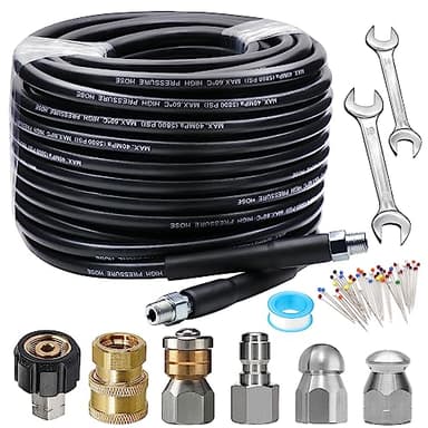 Sewer Jetter Kit 100FT for Pressure Washer, 5800PSI Drain Cleaner Hose 1/4 Inch NPT Corner Rotating and Button Nose Sewer Jetting Nozzle Spanner Waterproof Tape Pearl Corsage Pin