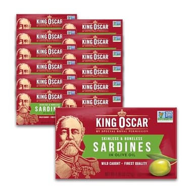 King Oscar Sardines in Olive Oil, 4.38 Ounce Cans (Pack of 12, Packaging May Vary), Skinless & Boneless, Wild Caught Canned Sardines