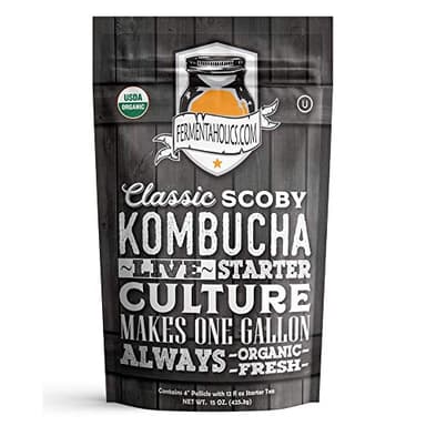 Fermentaholics ORGANIC Kombucha SCOBY With Twelve Ounces of Starter Tea - Live Starter Culture - Makes A One Gallon Batch - 1.5 Cups of Strong Mature Starter Tea - Brew Your Own Kombucha (1 Pack, 1, Count)