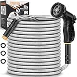 Garden Hose Metal 50FT, Stainless Steel Heavy Duty Water Hose With 10 Function Nozzle, No-Kink, Tough & Flexible, Sturdy and Lightweight, Rust Proof hose for Yard, Outdoor, RV
