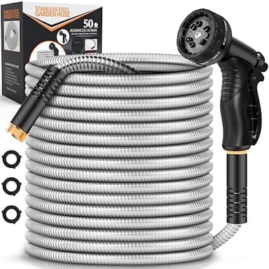 Garden Hose Metal 50FT, Stainless Steel Heavy Duty Water Hose With 10 Function Nozzle, No-Kink, Tough & Flexible, Sturdy and Lightweight, Rust Proof hose for Yard, Outdoor, RV