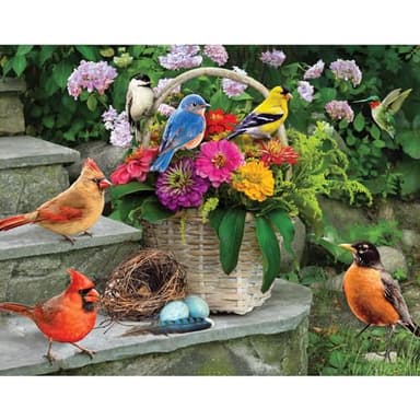 Bits and Pieces 50 Piece Puzzles for Adults 50 Large Pieces 15" x 19" Jigsaw Puzzles, Birds and Flowers, Random Die Cut, No 2 Pieces Alike, Birds on The Porch Steps