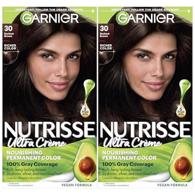 Garnier Nutrisse Ultra Crème Hair Color, Permanent Hair Dye with 100% Gray Coverage, Vegan & Cruelty-Free, 30 Darkest Brown (Sweet Cola), 2 Count