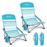 VILLEY Low Beach Chairs for Adults 2 Pack, High Back Folding Beach Chairs, Lightweight and Portable for Outdoor, Beach, Camping, Lawn, Music Festival, with Cup Holder and Carry Bag-Blue Stripes