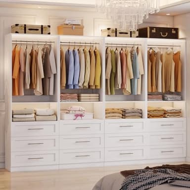 secilix Modular Closet System with 12 Drawers, 8FT Engineered Wood Closet Organizer System for Walk-in Closet, Storage Unit with 8 Extendable Hanging Rods, White (Set of 4)