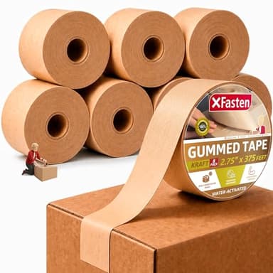 XFasten Water Activated Tape Brown with Reinforced Fiberglass Backing 2.75-Inch x 375-Feet (8-Pack, 3000ft Total) Water Activated Gummed Paper Tape Brown Kraft Paper Packaging Roll for Moving Boxes