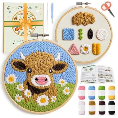 CYANFOUR Punch Needle Kit for Beginners, Highland Cow Punch Needle Kits Adults, Craft Kits for Adults with 2 Pre-Printed Fabrics, Embroidery Hoop, Threads, DIY Gift and Home Decor 20 * 20cm