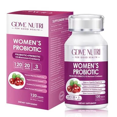 GDMENUTRI Women's Probiotics, 120 Tablets 120 Billion CFU 20 Strains, Contains Organic Prebiotic Cranberry, Probiotic Supplement for Digestion, Immunity, Women's Health, Soy Gluten Dairy Free