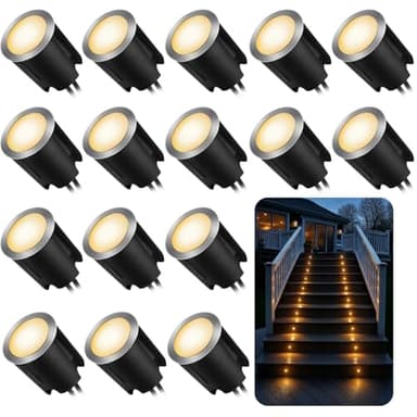 16 Pack LED Recessed Deck Lights with Protecting Shell, IP68 Waterproof Warm White, 0.6W , Outdoor Landscape Lighting, 12V Low Voltage Deck Lights Kit for Garden Yard Step Riser Stair Decoration