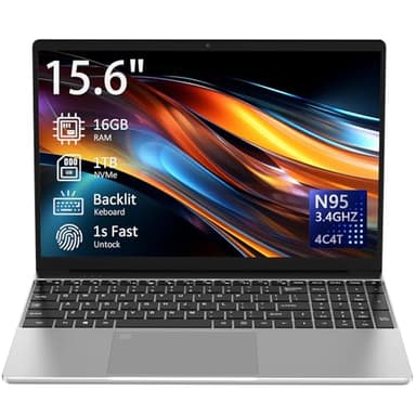 Auusda 15.6" Laptop Computer Notebook, 4-Core N95 Processor, FHD Display, Backlit Keyboard, Fingerprint, Webcam, Bluetooth, WiFi, Win 11 Pro, 10TB Upgradeable, T152A, 16GB RAM, 1TB NVMe SSD, Silver