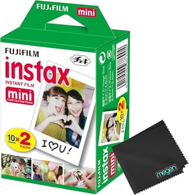 Fujifilm Mini Instant Film (White) for Mini 8,9,11,12,50s, 25, 7s, 90, 300 Cameras, Instax Mini Link's W/Microfiber Cloth by Megen (20 Prints)