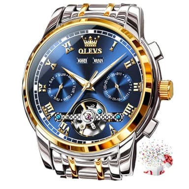 OLEVS Watches for Men Automatic Mechanical Self Winding Blue Dress Tourbillon Stainless Steel Dual Calendar Waterproof Luminous Wrist Watch