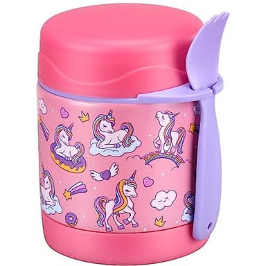 10oz Soup Thermo for Hot Food Kids Insulated Food Jar,Thermo Hot Food Lunch Container, Width Mouth Stainless Steel Lunch Box for Kids with Spoon (Pink-Cute Horse)