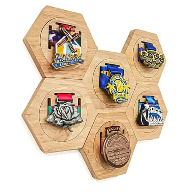 XIFOWE Fashion Medal Holders Display Stand Wall Rack, Honeycomb Wooden Medal Stand Stitching Medal Hanger Display Hexagon Free Stand for Sports Basketball Marathon Championships, Easy to Install-6 Pcs