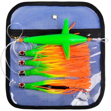 KATUYSHA Daisy Chain Trolling Lures - Bird Teaser Big Game Saltwater Offshore Tuna Mahi Wahoo Fully Rigged Bulb Squid Teasers Trolling Fishing Lures with Mesh Bag (A-18 inch)
