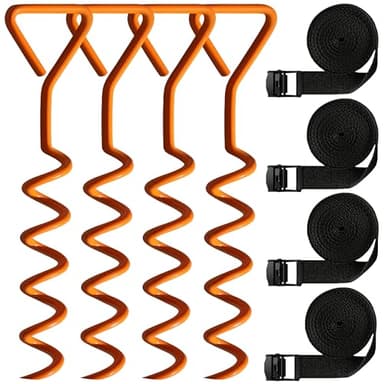 Tradesparker Trampoline Stakes & Anchors Kit with 4 Strong Belts, Heavy Duty Corkscrew Steel Ground Stakes for Trampolines, Garden & Outdoor Use,Orange