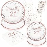 21st Birthday Rose Gold Party Supplies, Disposable Tableware for 24 Guests, Include 7” Paper Plates,9” Plates, 7 oz Cups, Napkins and straws