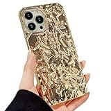 ekoneda Compatible for iPhone 15 Pro Max Case Cute Glitter Fashion Women Girly Luxury Tin Foil Pleated Design Phone Cases 3D Gold Silicone Sparkly Slim Soft Glossy Cover 6.7 Inch