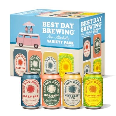 Best Day Brewing Craft Non Alcoholic Beer, Variety Pack, 12 Pack, Low Carb & Low Calorie NA Beer, Kölsch, West Coast IPA, Hazy IPA, and Electro-Lime, Non Alcoholic Drinks for Adults, 12 fl oz Cans