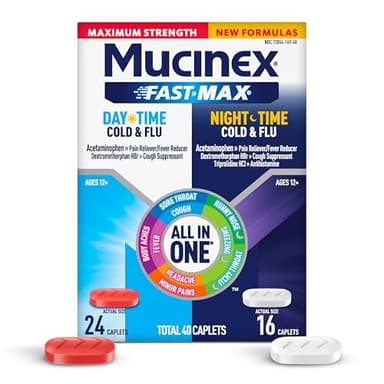 Mucinex Fast-Max Maximum Strength Day & Night Cold and Flu Medicine for Adults, Powerful Over-the-Counter Medication for Cold & Flu Symptoms, Fast Release Caplets, 40 Count