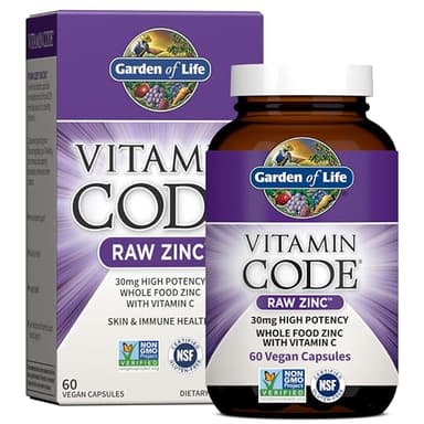 Garden of Life Zinc Supplements 30mg High Potency Raw Zinc and Vitamin C Multimineral Supplement, Vitamin Code Vitamins Trace Minerals & Probiotics for Skin Health & Immune Support, 60 Vegan Capsules