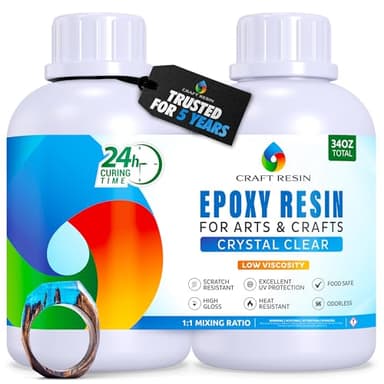 CRAFT RESIN 34 Oz Crystal Clear Epoxy Resin Kit - Food Safe & UV Resistant for DIY Art, Wood, Jewelry Making, Coasters, Molds Casting Resin Epoxy - Low Viscosity, Self Leveling for Beginners & Pros