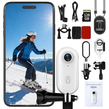 NUISK 4K Thumb Action Camera | 128G Sports Camera for POV Photoshooting: Waterproof Sports Camera The Size of a Thumb Suitable for Running Cycling Swimming Hiking Adventure Etc (White)