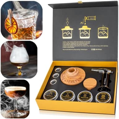 NOBLESIP® Whiskey Bourbon Smoker Kit 𝗣𝗥𝗘𝗠𝗜𝗨𝗠 Smoky bar Set. Made from American Oak Natural Wood. Easily Make The Legendary Smoked Cocktails and Old fashioneds at Home. Whisky Men Gift