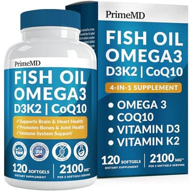 4-in-1 Fish Oil Omega 3 Fatty Supplements (2100mg) - Omega 3 Fish Oil with Vitamins D3 K2 and CoQ10 - Lemon Flavored (120 softgels)