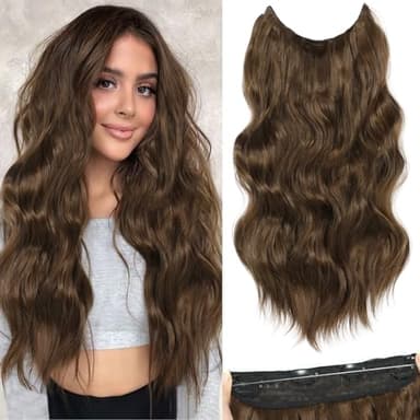 BUPPLER Halo Hair Extensions 20 Inch Invisible Wire Hair Extensions Adjustable Long Wavy Hairpiece Synthetic Upgrade 4 Secure Clips in Hairpieces 20 Inch,Medium Brown