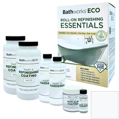 Bathworks ECO Essentials Roll-On Refinishing Kit - 26 fl oz (1.6 Pint), Low Odor, Low VOC, DIY Epoxy Coating with Non-Slip Application - High Gloss White Finish for Bathtubs, Tile, Sinks, Showers & Countertops